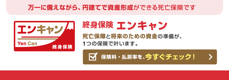 万一に備えながら、円建てで資産形成ができる死亡保険です「終身保険 エンキャン」死亡保障と将来のための資金の準備が、1つの保険で叶います。保険料・払戻率を、今すぐチェック！