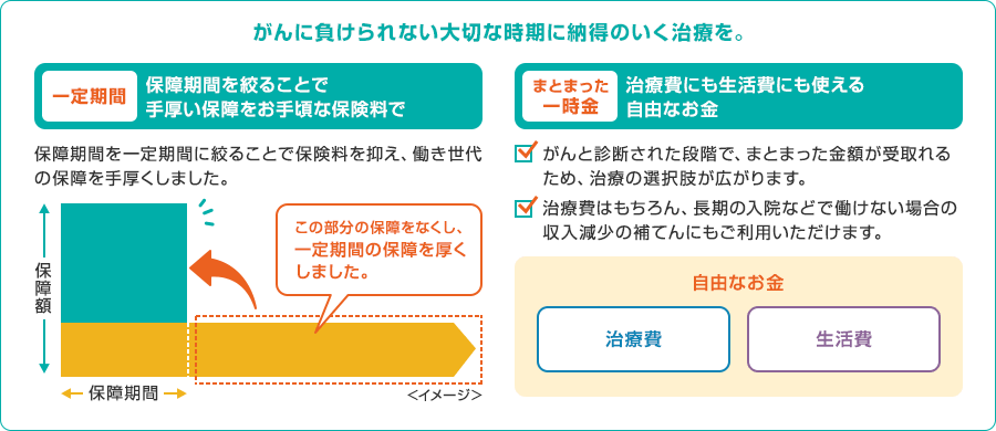 がんに負けられない大切な時期に納得のいく治療を。 一定期間 保障期間を絞ることで手厚い保障をお手頃な保険料で まとまった一時金 治療費にも生活費にも使える自由なお金